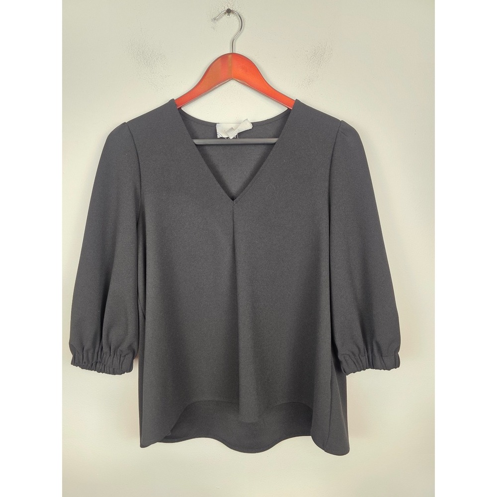Pomander Place Womens Black V-Neck 3/4 Puff Sleeve Blouse Medium Y16837T